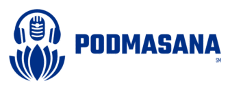 A podcast logo that shows a headphones around a microphone hovering over a lotus flower with the word Podmasana next to it
