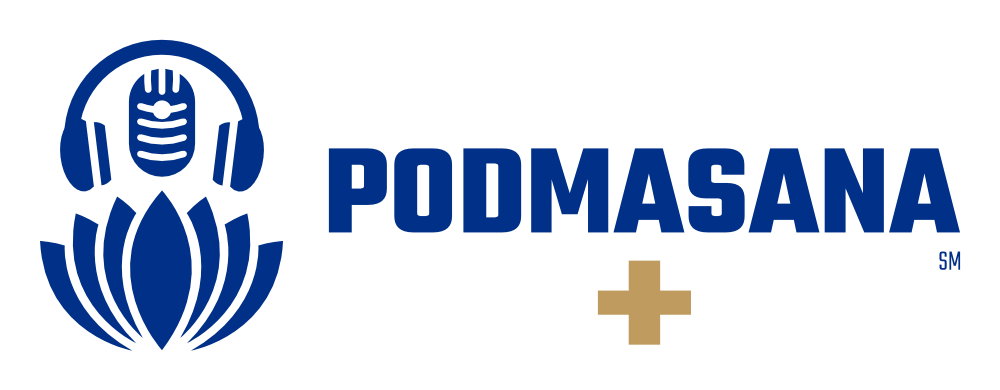 Podmasana+bluenobckgrnd Podmasana + logo that shows the Podmasana logo next to the word Podmasana and a plus sign